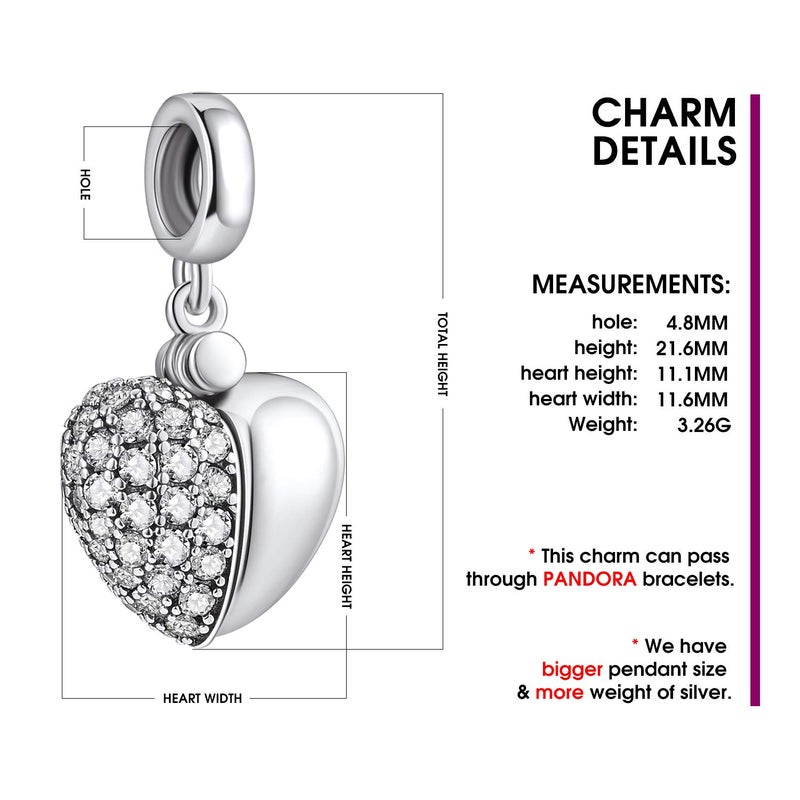 NINGAN â€œI Love Youâ€ White Love Heart Dange Charm 925 Sterling Silver Pendant Beads fit Bracelets & Necklaces, Birthday Gift for Women - Image 3